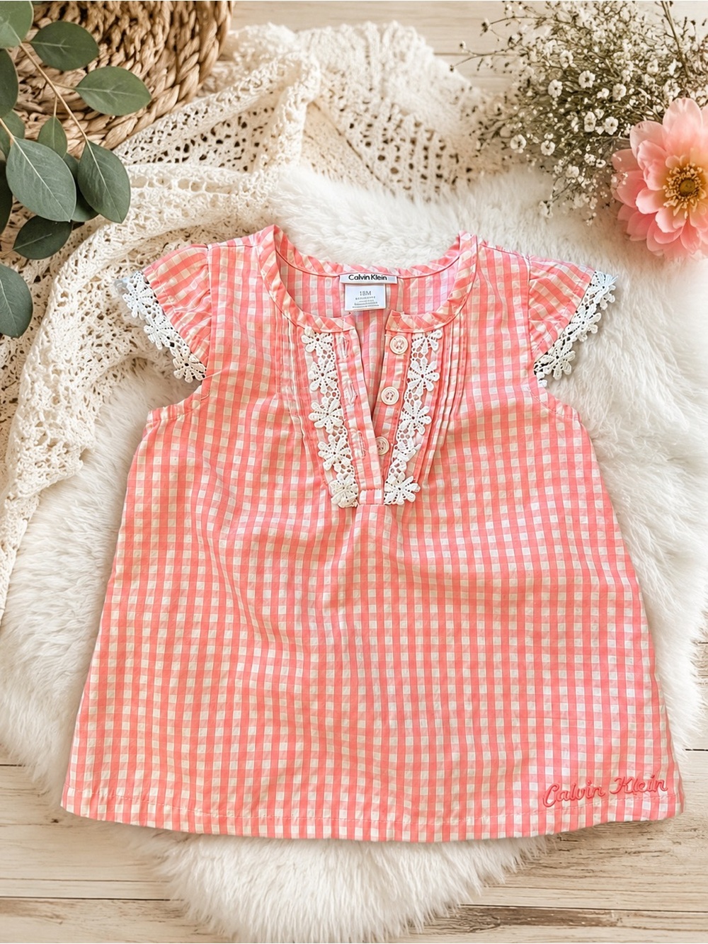 Calvin Klein Coral Pink Gingham Lace-Trim Blouse